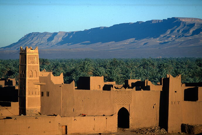 Kasbah vor Oase und Bergkette 