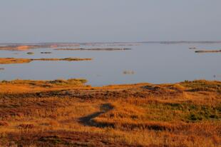 Blick über den Aydarkul See im Herbst 