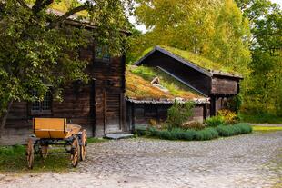 Moosbewachsene Häuser im Skansen Freilichtmuseum