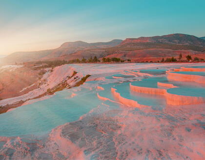 Sonnenuntergang Pools Kalksinterterrassen Türkei Sehenswürdigkeiten