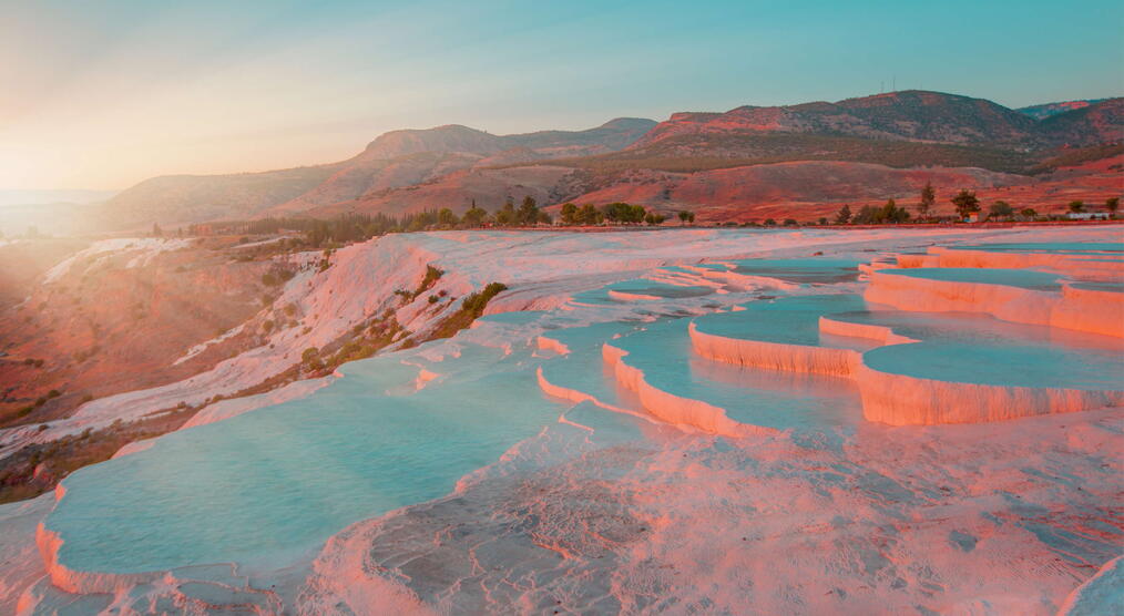 Sonnenuntergang Pools Kalksinterterrassen Türkei Sehenswürdigkeiten