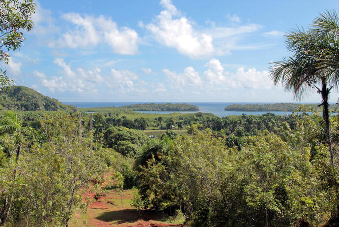 Blick auf den Alejandro-de-Humboldt-Nationalpark in Baracoa, Kuba, mit üppigem tropischen Regenwald, malerischen Hügeln und unberührter Natur.