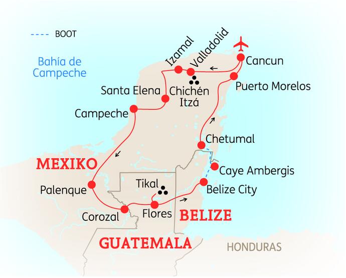 Karte der Reiseroute durch Belize